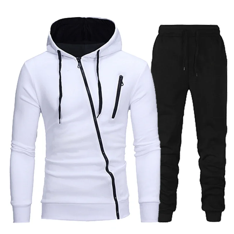 Man Hoodie Two Piece Set Tracksuit Men Diagonal Zipper Sweatshirts for Men Casual Fashion Suits Personality Sweatsuit Daily 2024