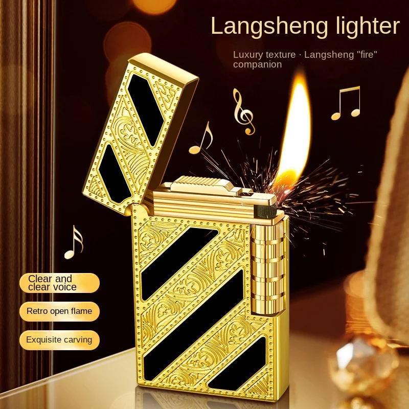 New Brass Flip Side‑Slip Butane Lighter, Retro Classic Open Flame, Loud Sound Pattern, High‑end Men’s Gift