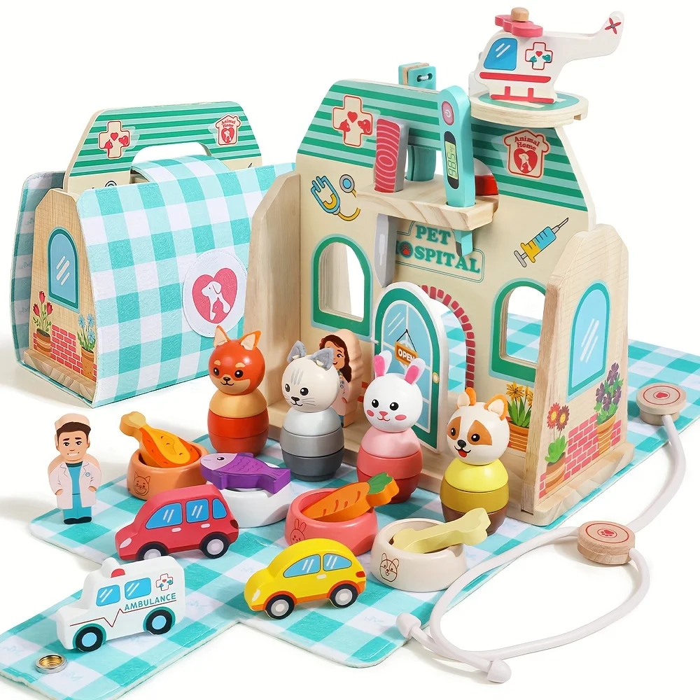 Wooden Educational Toy Ice Cream Pet Hospital Afternoon Tea Portable Set Bag Pretend Play Series Three Options Available