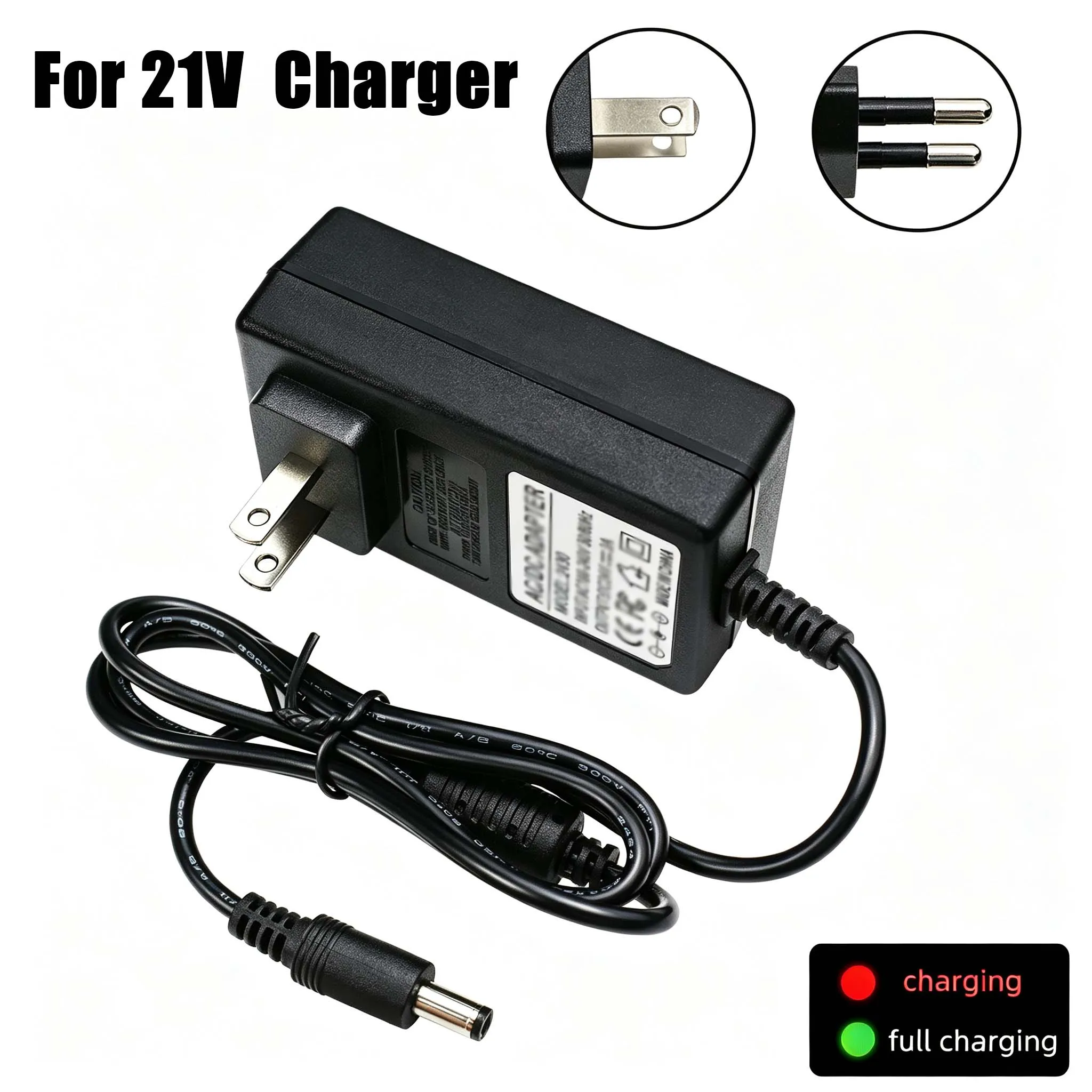 Carregador de Bateria de Lítio 21V 1A 2A com Plugue EU/US, Transformador para Furadeira Elétrica de 18V, Adaptador de Energia Inteligente para Ferramentas Elétricas
