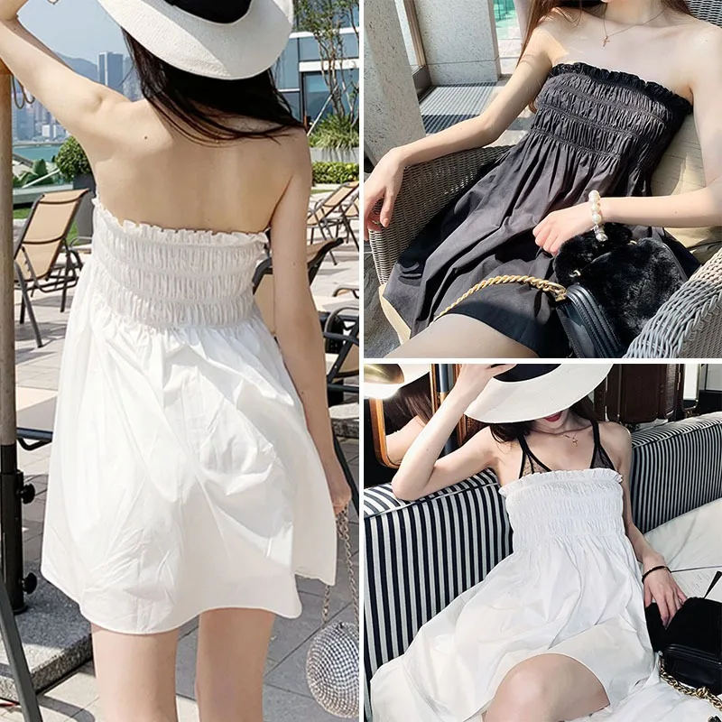 Women\'s Summer Fashion Casual Loose Off Shoulder Strapless Ruched Solid Color Bandeau Wrap Dress