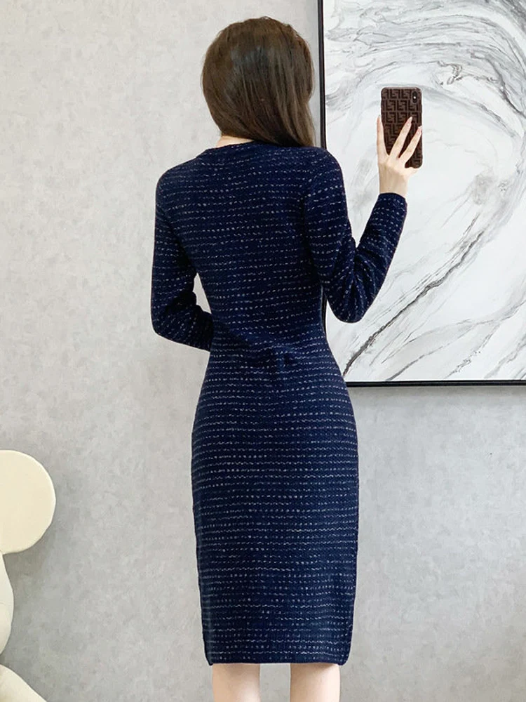 ZJYT Runway Long Sleeve Knitting Sweater Dresses for Fall and Winter Women Korean Style Buttons Basic Knitwear Casual Party Robe