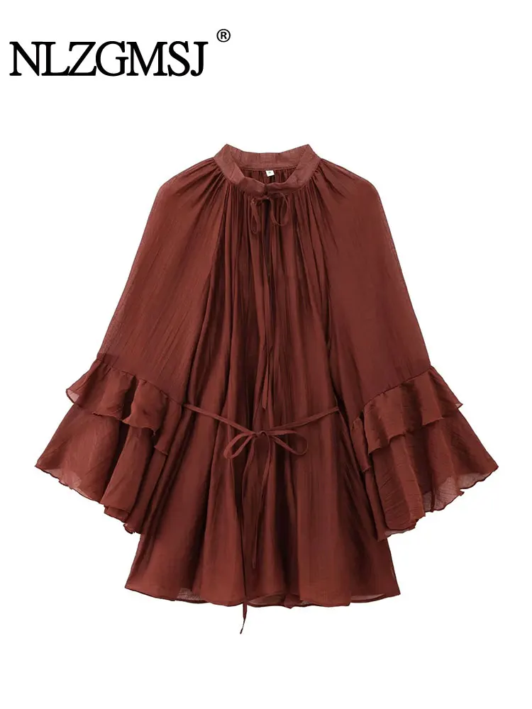 TRAF 2025 Spring Women Dresses Ruffles Long Sleeve Tied Mini Dress Women Semi-transparent Sexy Dress Elegant Party Dresses