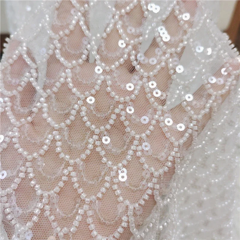 

Ivory Shiny Sequins & Beads Wedding Lace Fabric Off White Mermaid Scales Design Luxury Heavy Beading Lace Fabric