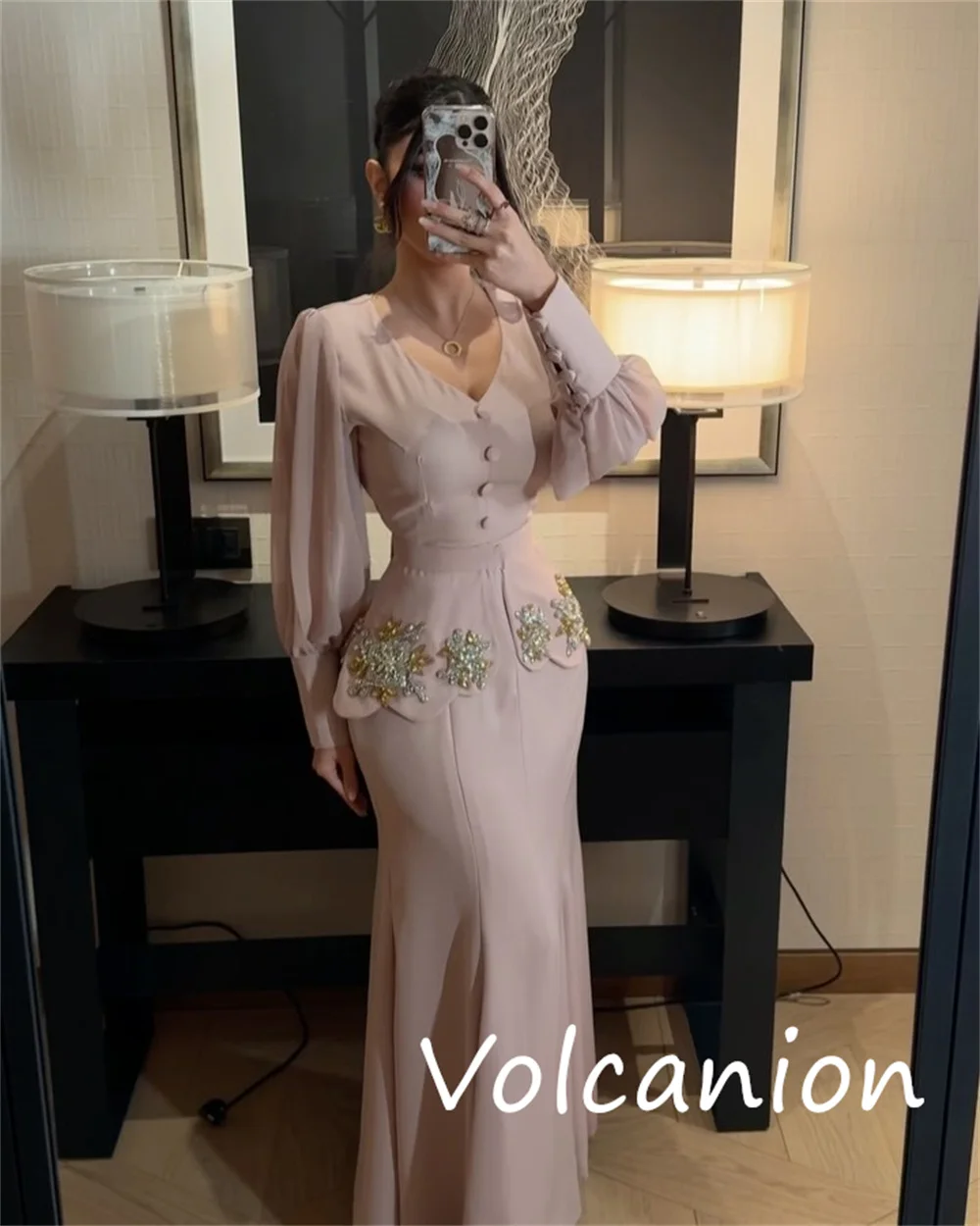 Customized Elegant Jersey Sequined Button Trumpet V-neck Long Dresses Bespoke Occasion Modern Style Simple