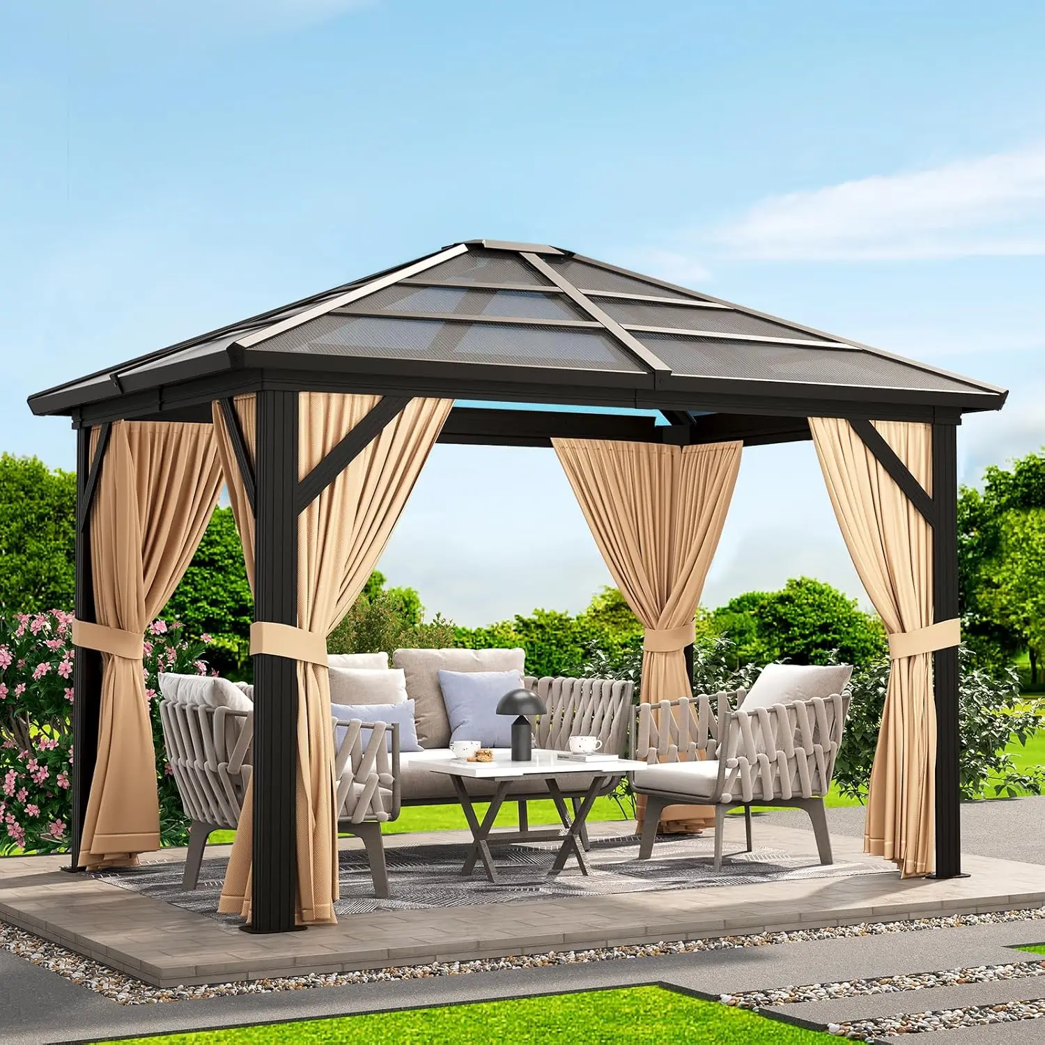 

10'x10' Gazebo Hardtop Outdoor Canopy Aluminum Frame Permanent Gazebo with Netting and Curtains Polycarbonate Garden Tent for Pa