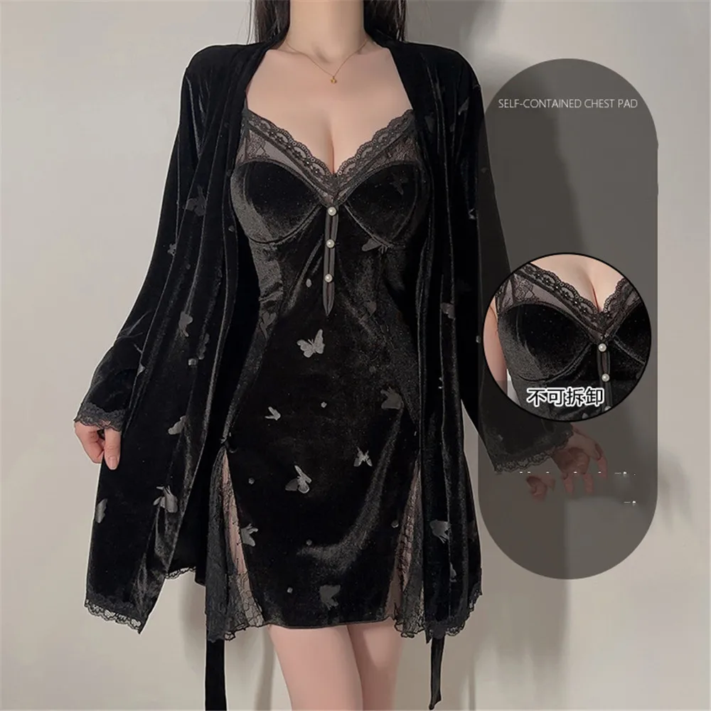 

Элегантный золотой велюровый халат, комплект ночной рубашки, женская одежда для сна, сексуальная бархатная кружевная ночная рубашка на подтяжках, весенняя домашняя одежда, пижама