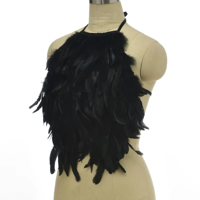 Black Feather Splice Crop Top Halter Tank Top เสื้อผ้าผู้หญิง Tube Top เทศกาล Rave เครื่องแต่งกายฮาโลวีนเครื่องแต่งกายสําหรับสตรี