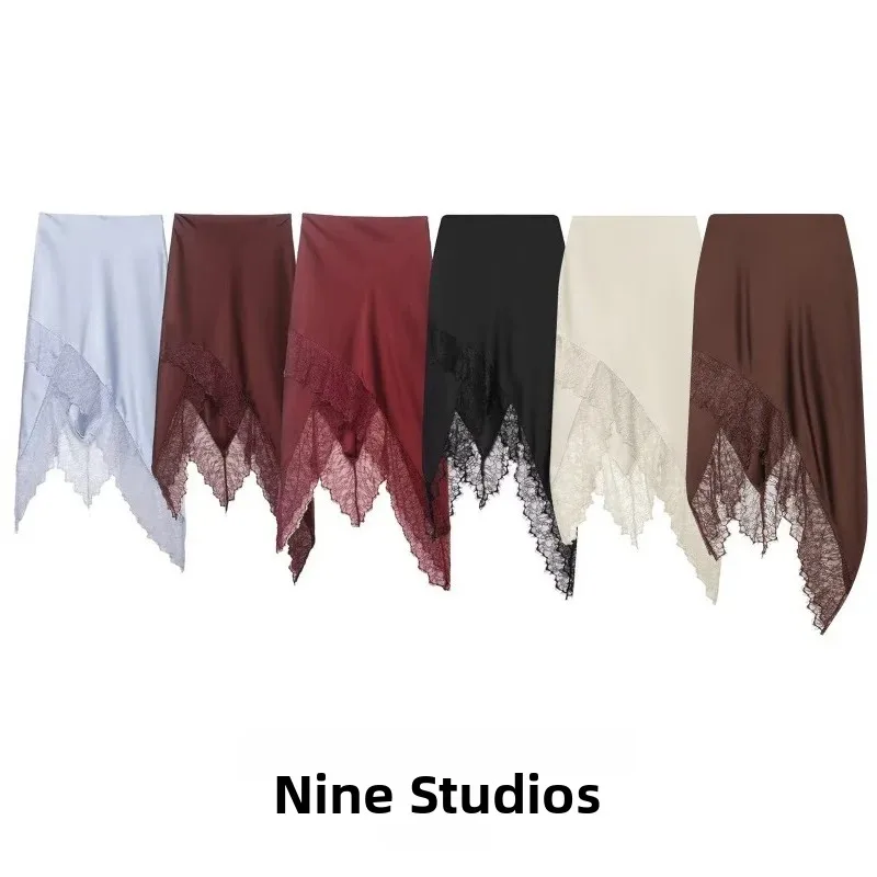 NINE ZAR Women's Lace Paneling Asymmetrical Slimming Sexy High Waist Midi Skirt Half Skirt Draping Sensual Mid-Length Dress