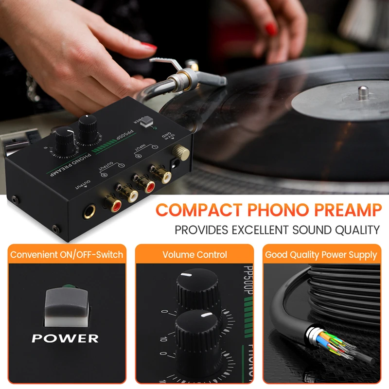 Phono Turntable Preamp, Phonograph Preamplifier With R C A Input, RCA/TRS Output, For Turntable Record Play-A69F