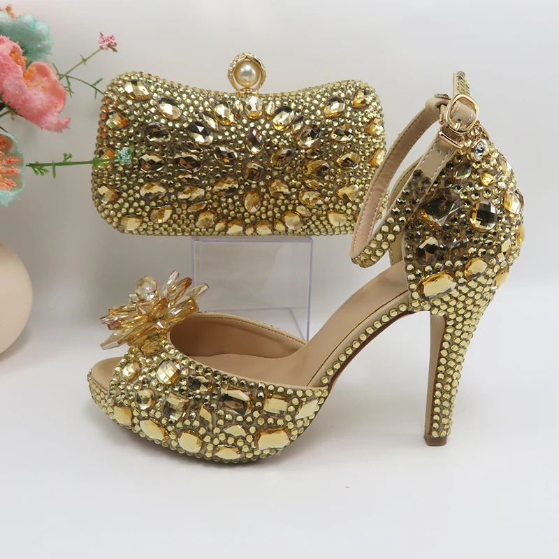 BaoYaFang Champagne Gold Wedding shoes and purse for Women Bridal Fashion High Pumps Open Toe Party Shoe and bag Ankle Strap