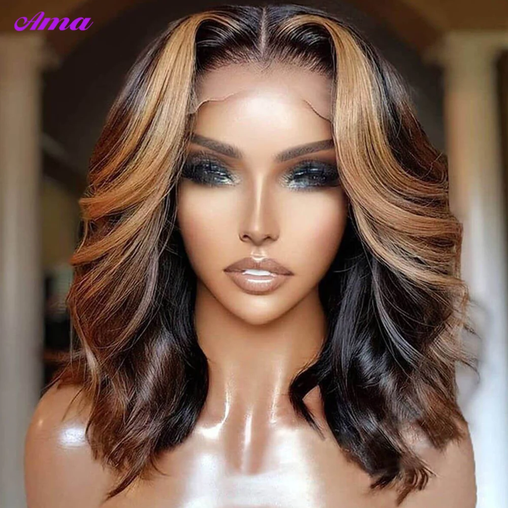 Short Bob Wig Lace Front Human Hair Wigs 4 27 Brown Highlight Wig Human Hair Body Wave Bob Wigs Transparent Lace Wigs For Women