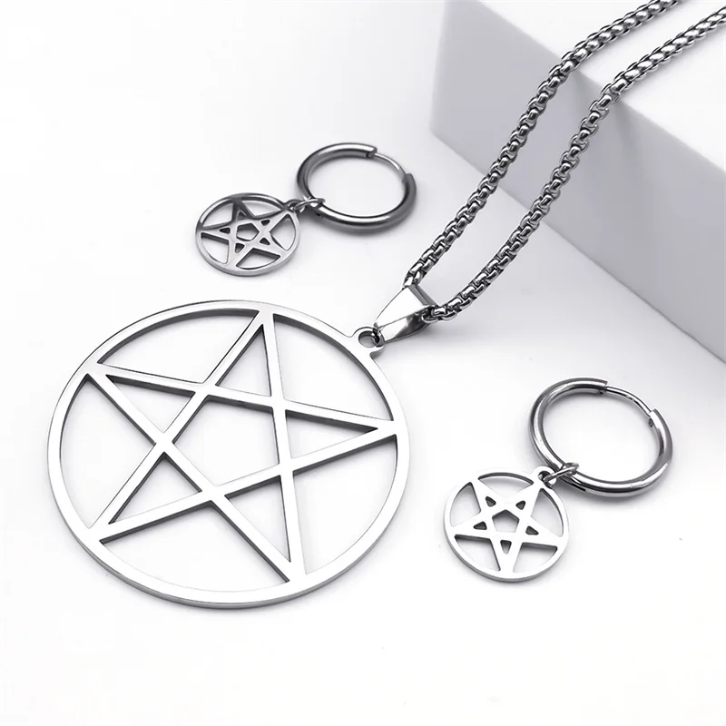 Stainless Steel Pentagram Pentacle Star Necklace for Women Men Punk Hoop Earrings Ring Bracelet Jewelry Set conjuntos de joyas