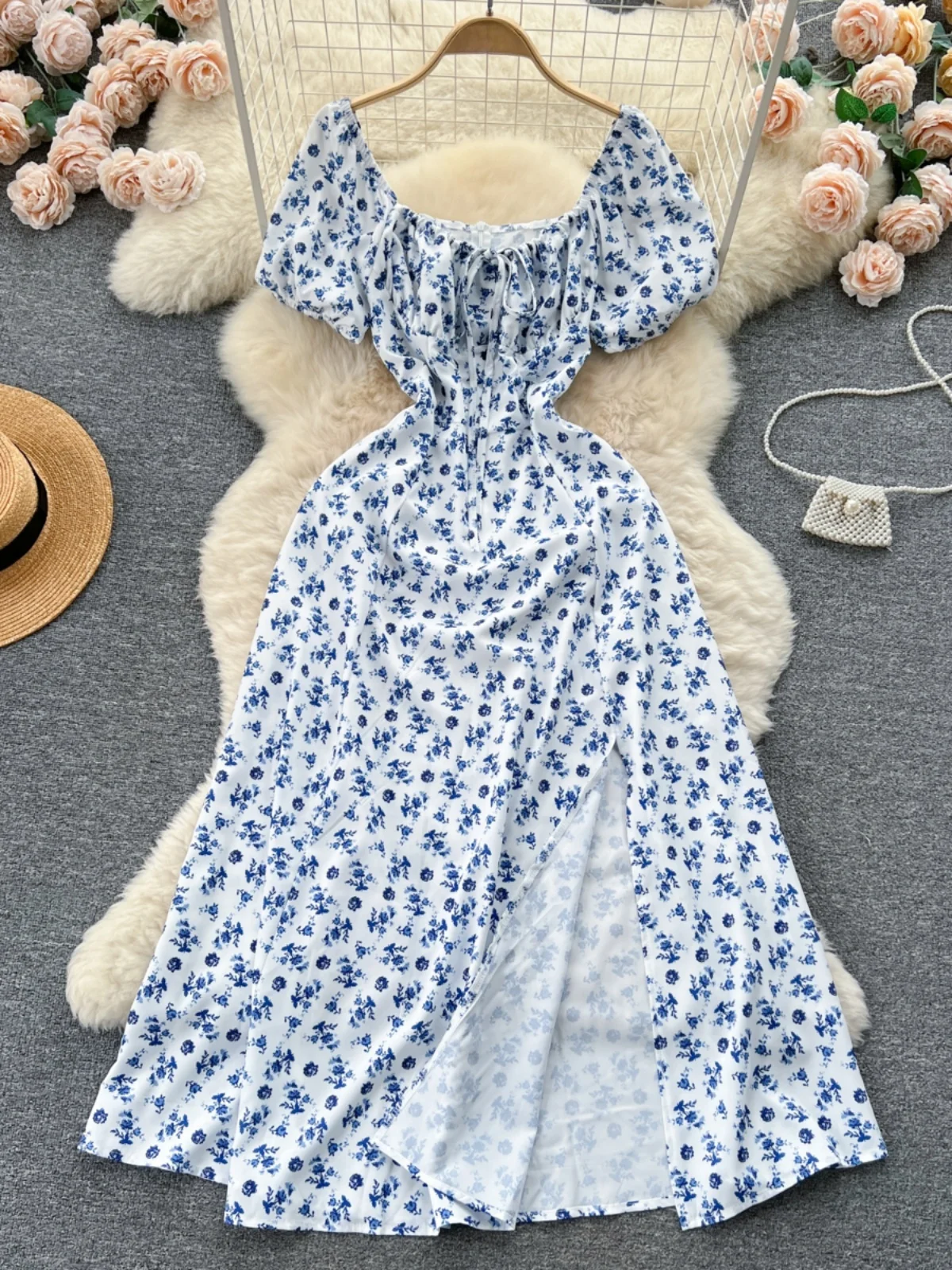 우아한 여름 플로럴 프린트 버블 슬리브 드레스 여성 슬림핏 하이웨이스트 A라인 미디 스커트 한국 스타일 반팔 드레스