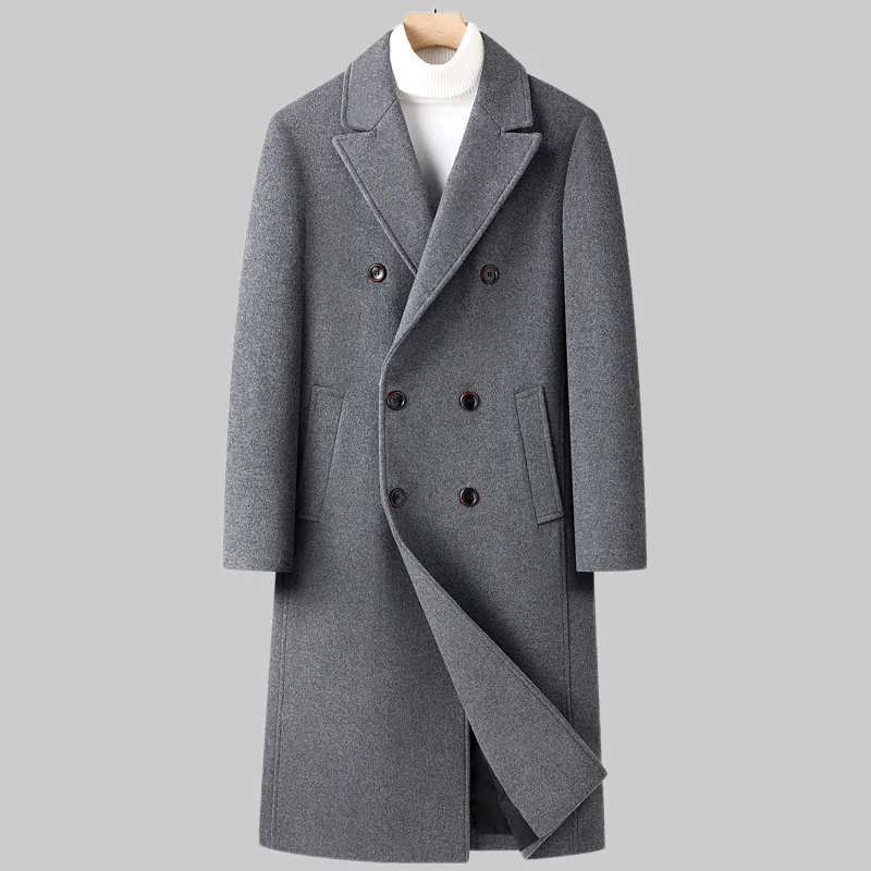

2025 Autumn Winter Fashion Men's Solid Color Double-breasted Turn-down Collar Long Sleeve Casual Trendy Wool Jackets Male Coats