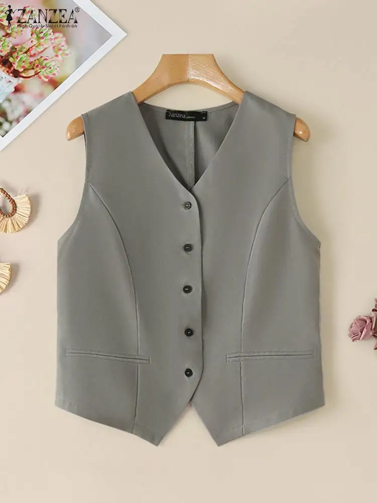 ZANZEA V Neck Old Money Style Vests Tops Office Waer Elegant Korean Fashion Women Sleeveless Shirt Commute Solid Button Up Tanks