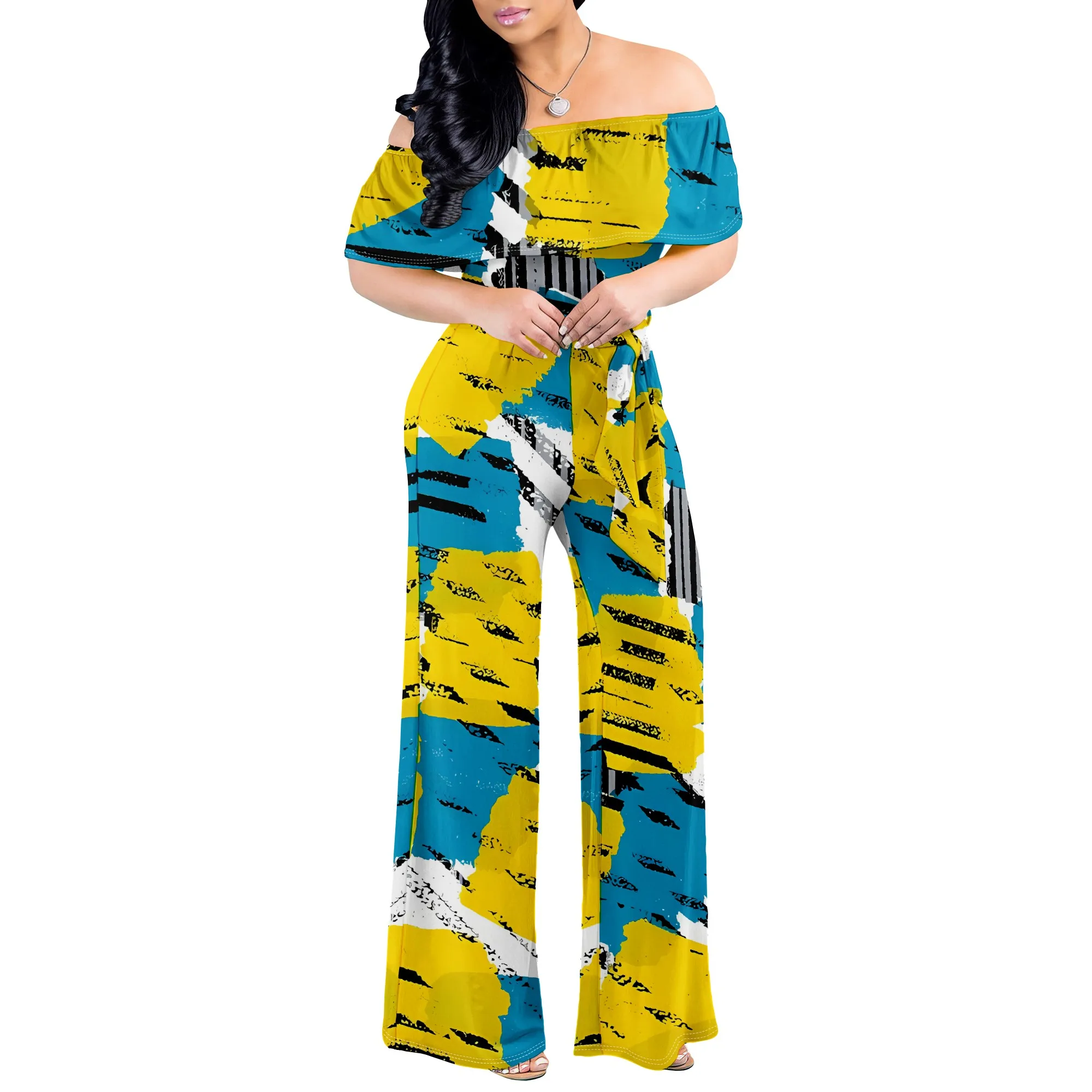 Women Off Shoulder Jumpsuit Yellow Blue Brushstroke Print Wide Leg Romper Summer Streetwear