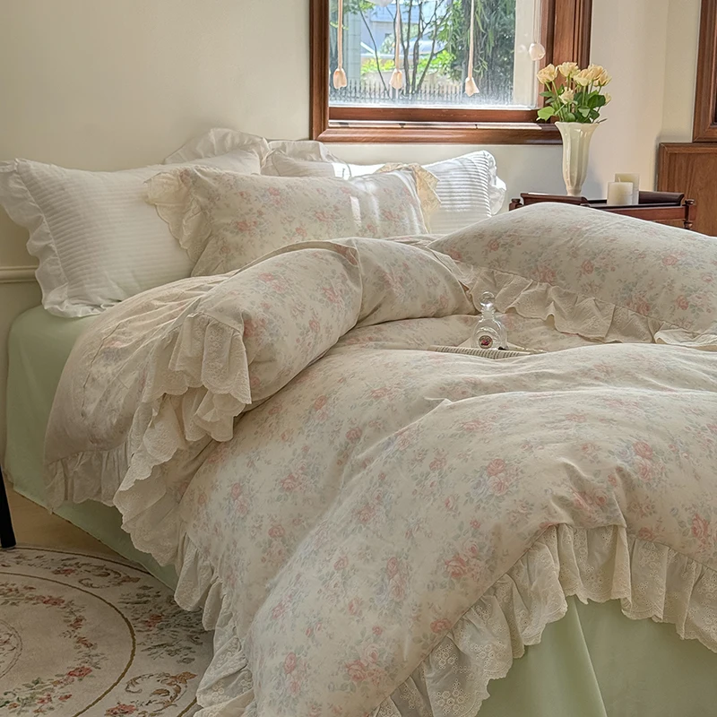 Vintage French Style Pure Cotton Double Yarn Lace Ruffles Floral Bedding Set Soft Skin-friendly Duvet Cover Bed Sheet Pillowcase