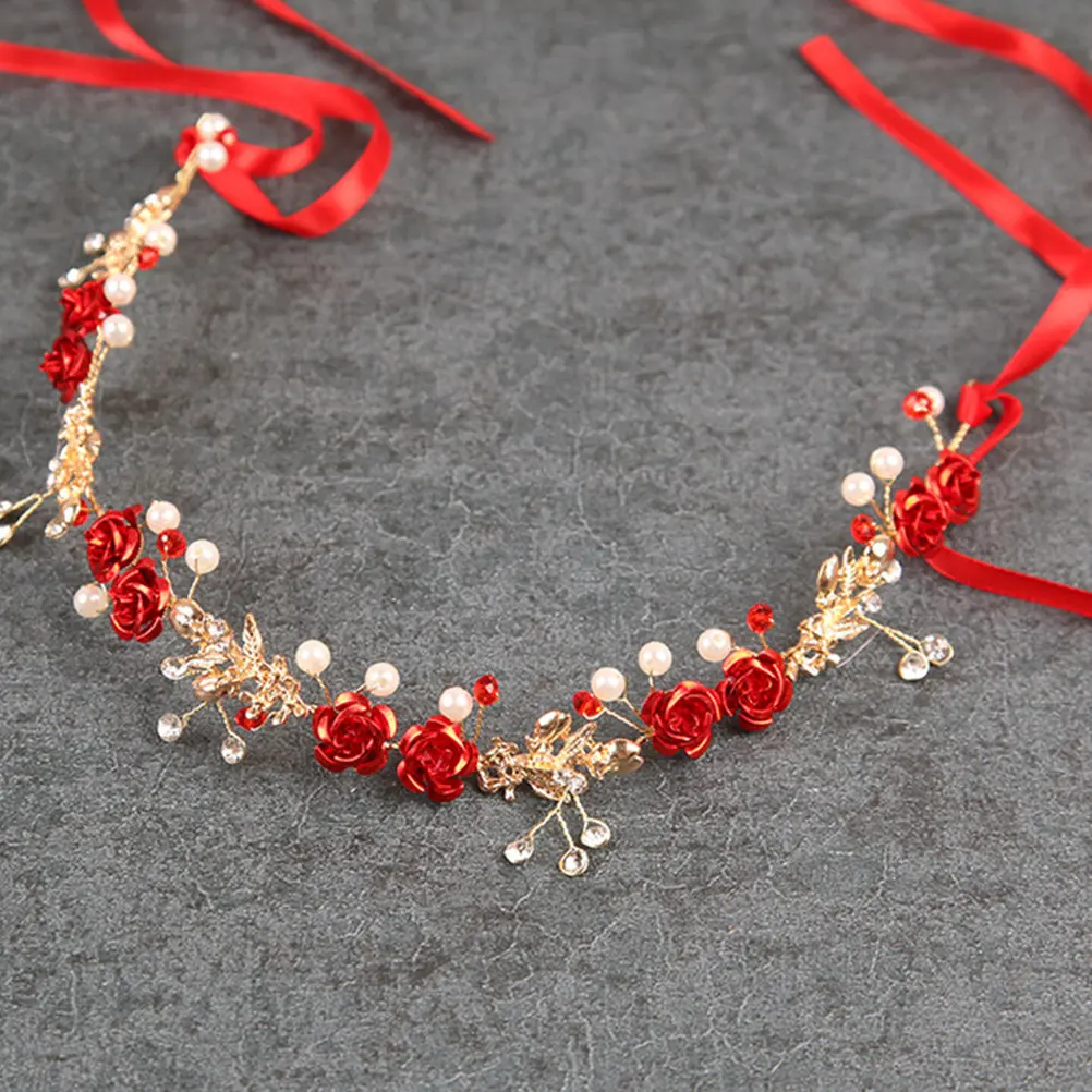 Pearl Rhinestone Red Flower Headband for Wedding Bridal Headdress Shiny Elegant Hair Decor for Bride Prom Ball Dance Bridal Hair