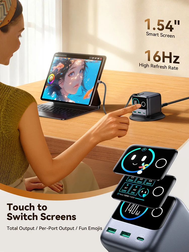 Ładowarka biurkowa Joyroom 140W GaN USB C i USB A z inteligentnym wyświetlaczem i szybkim ładowaniem, z wysuwanymi kablami do telefonów, tabletów i laptopów. — zdjęcie produktu 4