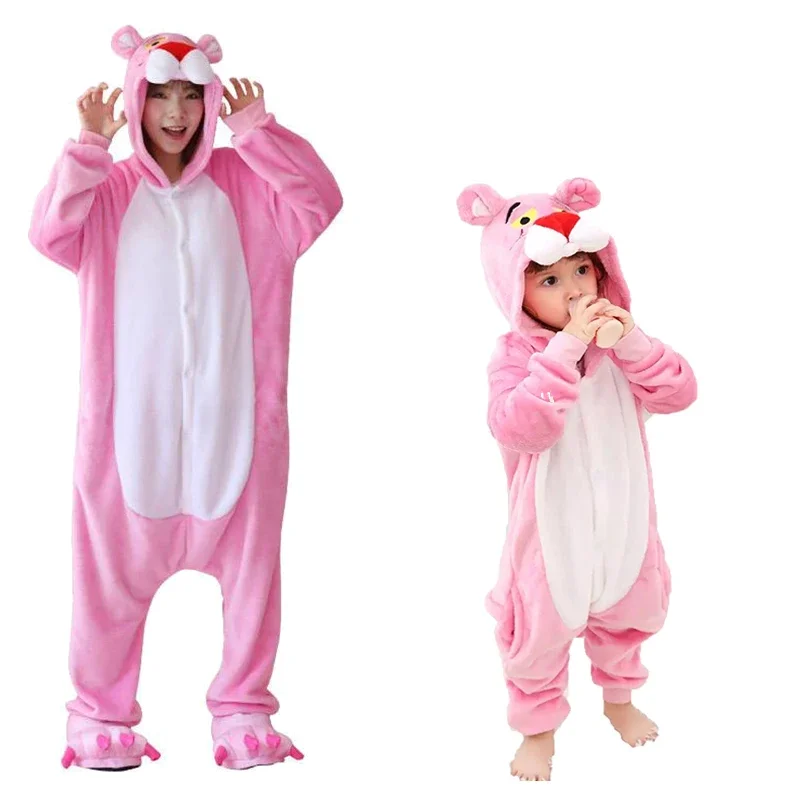 HKSNG Adult Pink Onesie Kigurumi Pajamas Flannel Cartoon Halloween Party Jumpsuits Pyjamas Suit Zipper Outfit Panther