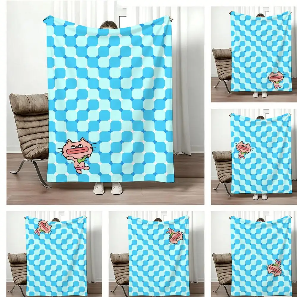 Cartoon S-Sausage Mouth Pink Cat Throw Lightweight 240g Flannel Blanket Soft Skin-friendly for Summer Cooling