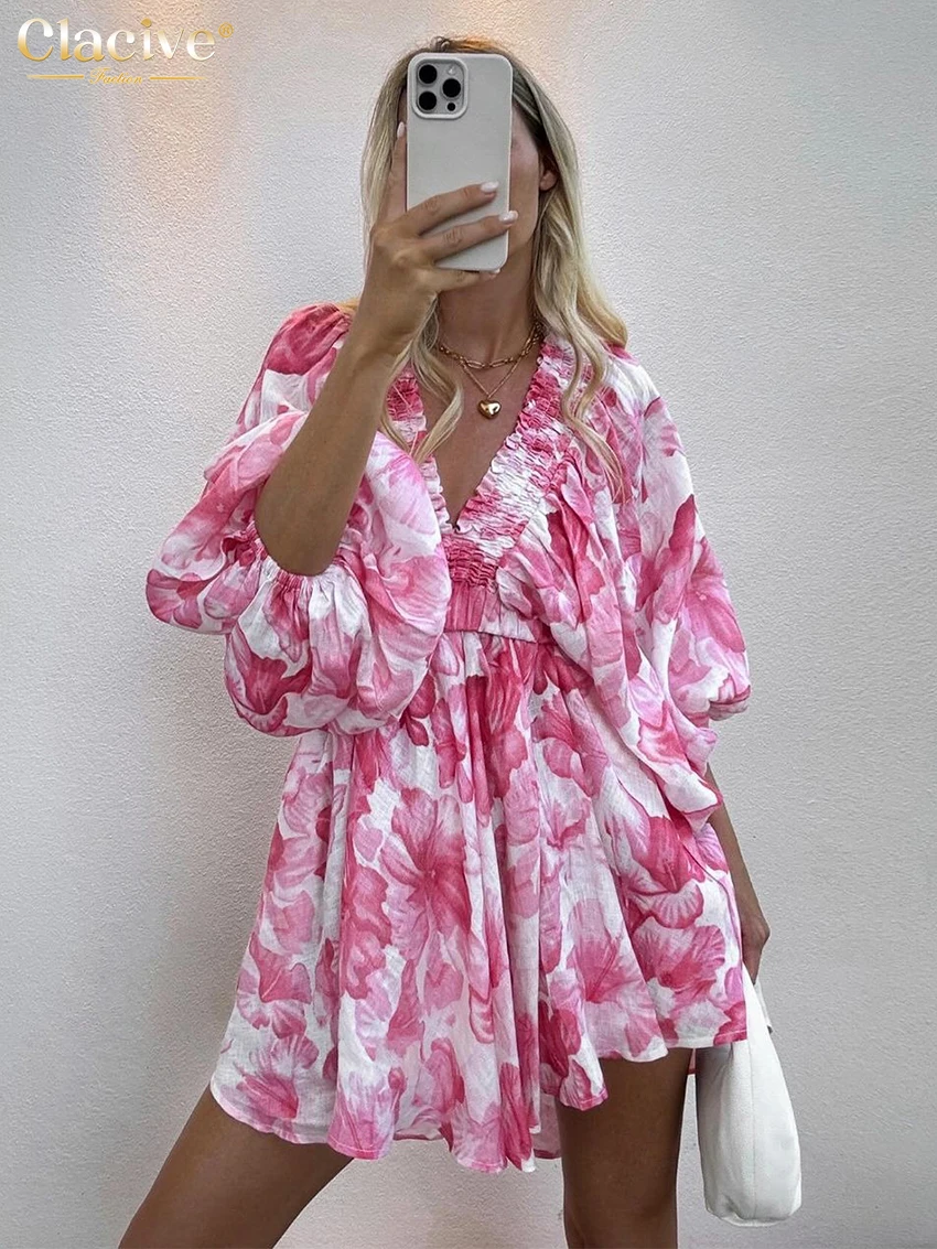 Clacive Sexy Loose Print Women\'s Dress 2024 Casual V-Neck Puff Sleeve Mini Dresses Elegant Classic Pleated Female Sundresses