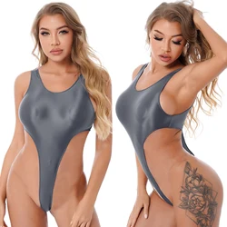 Womens Erotic Bodysuit Glossy One-piece Bathing Suit Backless High Cut Sexy Bodysuit Sportwear Beachwear Swimwear