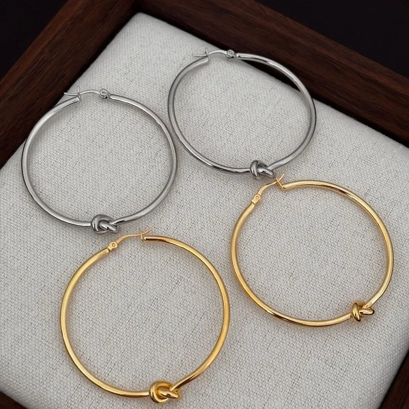 Simple double-knot thin ring ear buckle women's gold and silver two-color knotted ring large earrings European and American