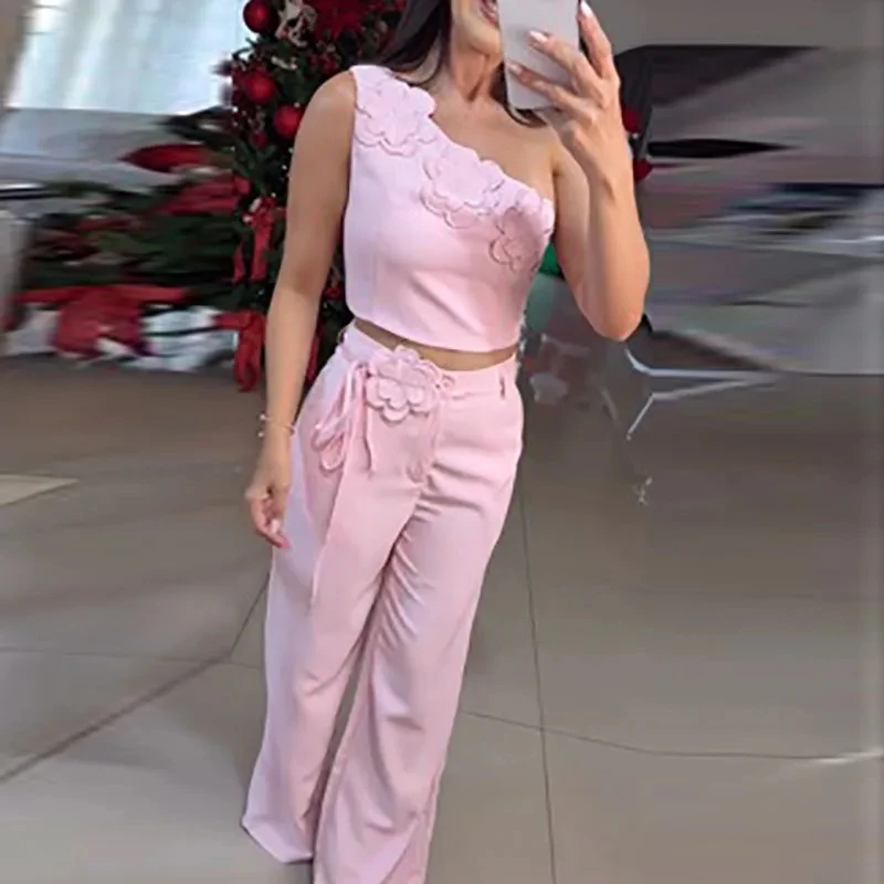 

Summer Pure Color Hollow Out Vacation Outfit Elegant Lady Floral Decoration Set Sexy Slash Collar Sleeveless Slim Vest&Pants Set