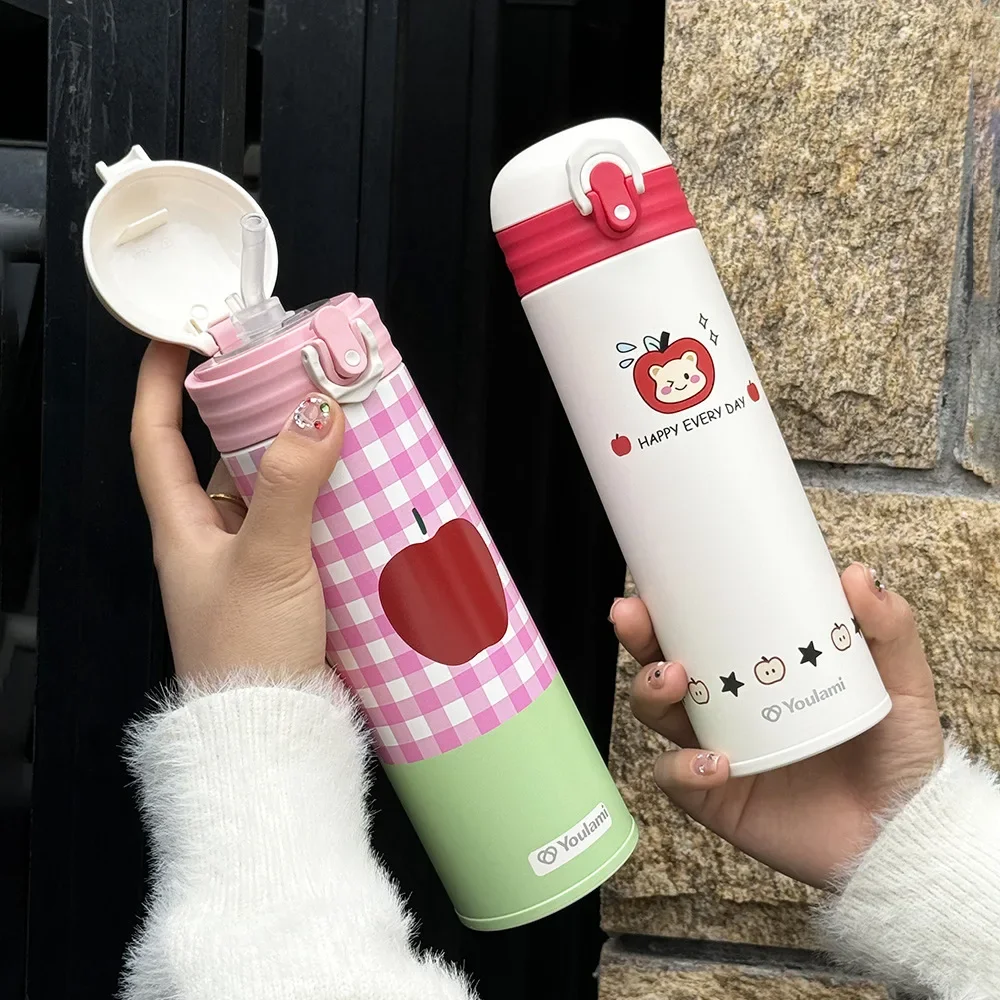 500ml Thermos Cup With Straw Bounce cap,Double Stainless Steel Vacuum Flasks,Fun Printed Drinkware,Car Portable Water Bottle