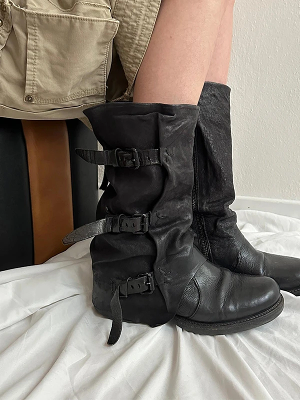 Black Over-Knee Long Tube Boots Soft Leather Loose Fit Mid-Calf Fashionable Belt Buckle Post-Apocalyptic Style Women's Shoes