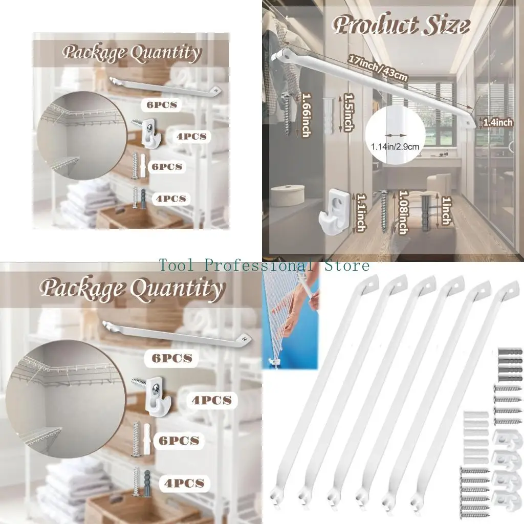 57QF Closet Shelf Brackets Set Including 4 Clip 43cm Pack of 6 for Not Sags Designs