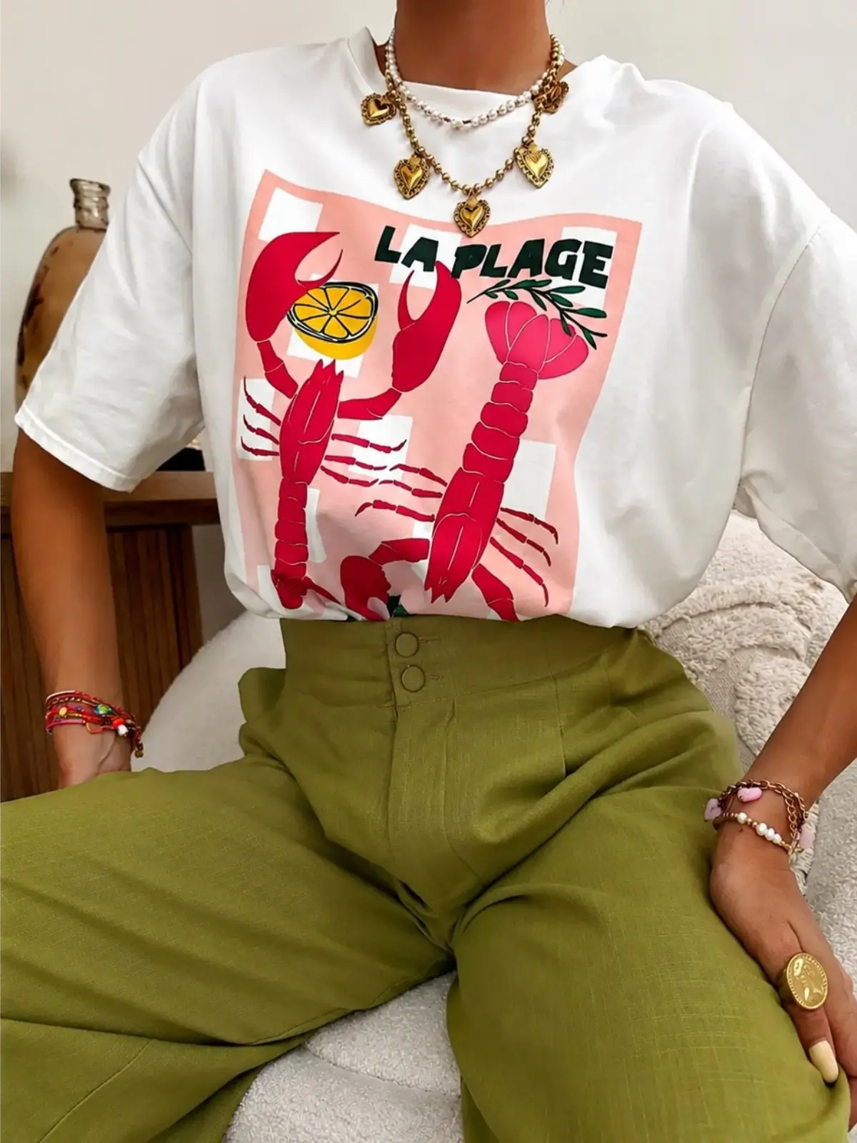 Sweet Cute French Holiday Lobster Graphic Cotton T Shirt Women Pink Block Crew Neck Short Sleeve Loose Summer Beach Casual Tee