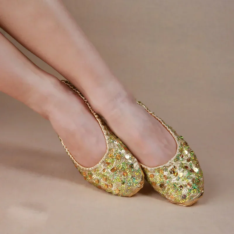 Adult Soft Gold Silver Sequin Oriental Belly Ballet Dance Shoes for Women Ballerina Gymnastics Foldable Practice Dancing Flats