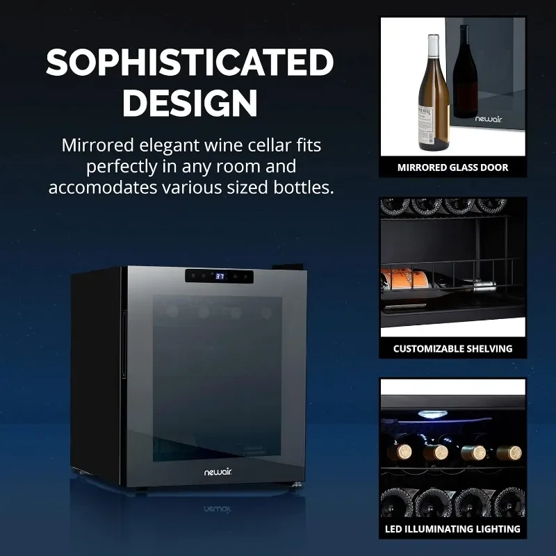 Newair 16 Bottle Wine Cooler Refrigerator | Shadow Series | Freestanding Mirrored Wine and Beverage Fridge