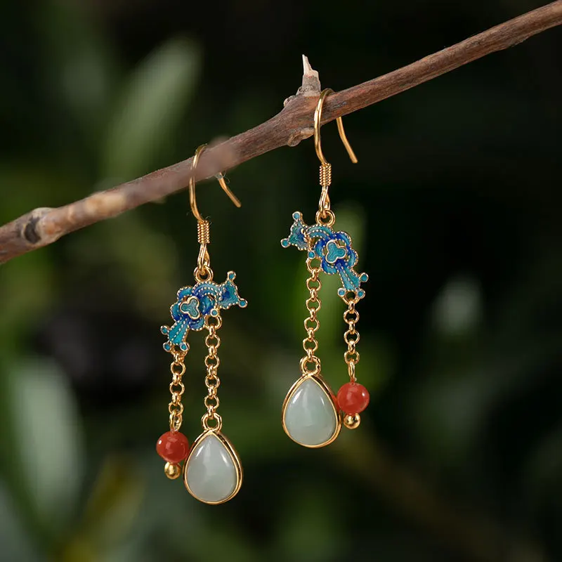 

Enamel ear hook light luxury classic new Natural Hotan Jade water drop earrings for women Inspired Ancient gold craft jewelry