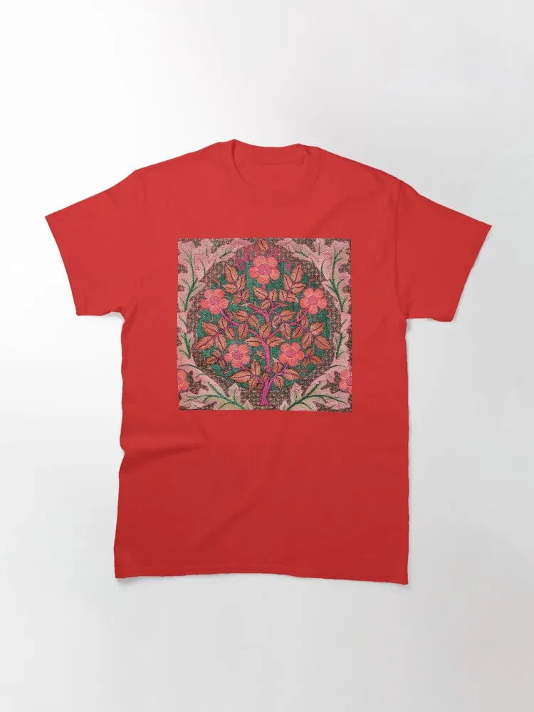 RED ROSE WREATH WITH LEAVES Art Nouveau Pink Green Floral Classic T-Shirt Short Sleeve Tops Tees Cotton Print Tshirts