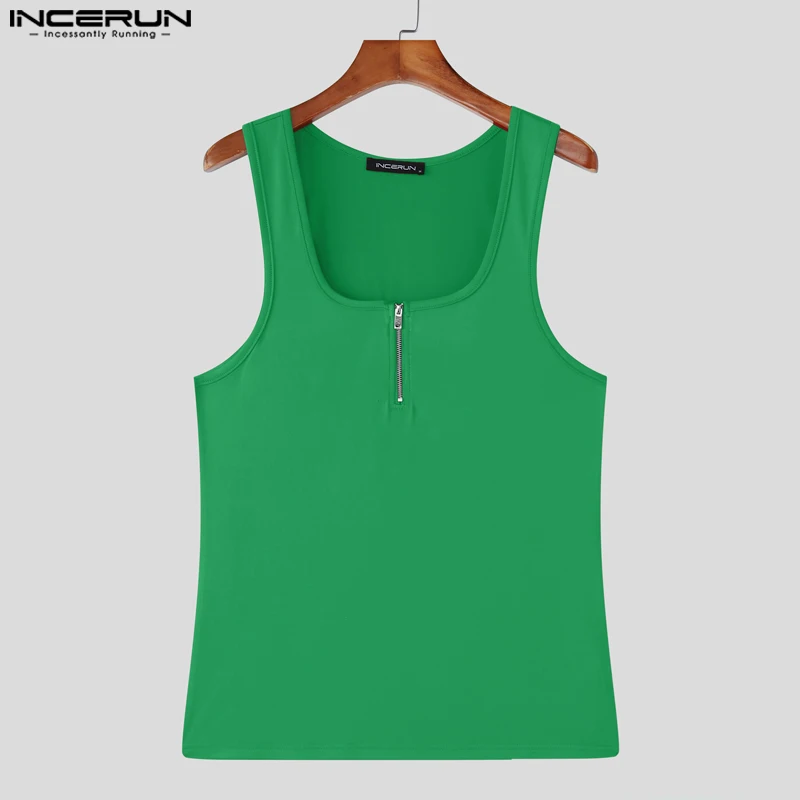 INCERUN hommes débardeurs couleur unie fermeture éclair col carré sans manches été mâle gilets Streetwear 2025 maigre décontracté hommes vêtements