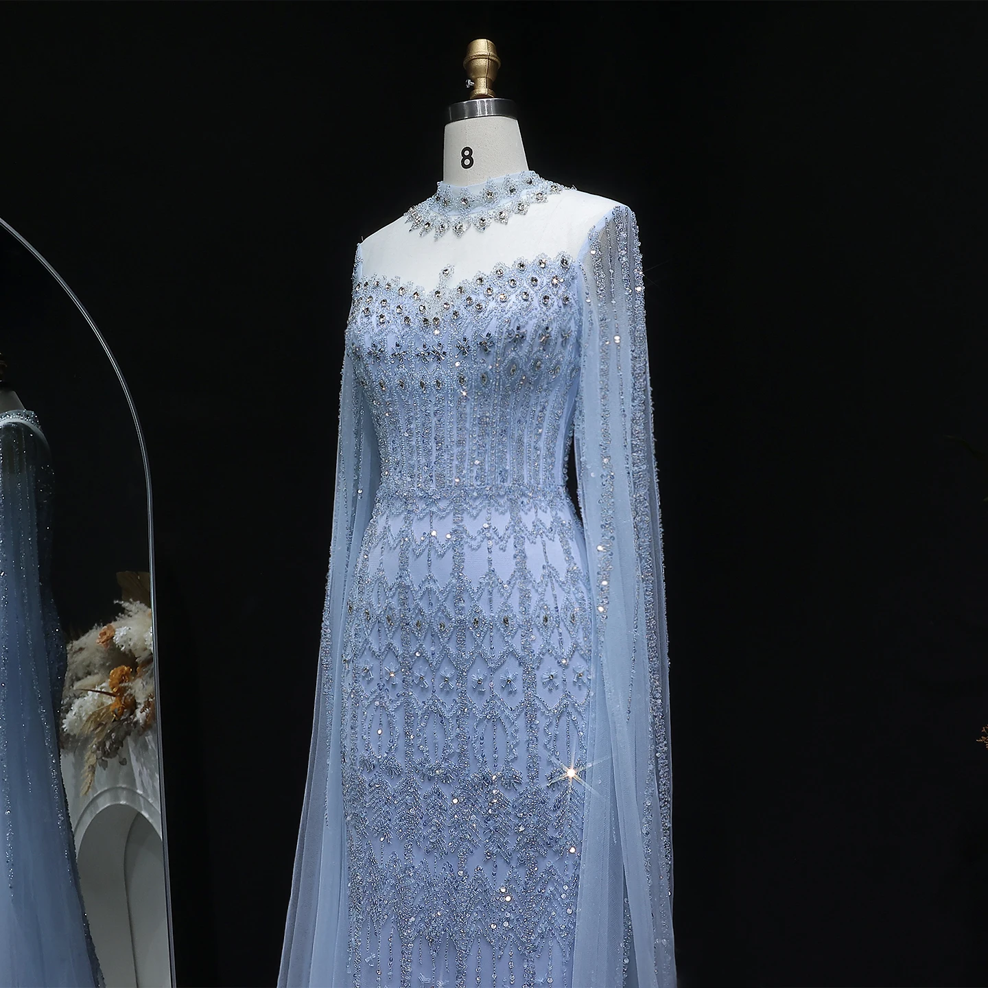 Sharon Said Luxuriöses Blaues Tüll-Abendkleid mit Cape-Ärmeln, Kristall-Pailletten, Damen-Hochzeitskleid, Partykleid, Ballkleid SS150, Maßanfertigung – Detail 7