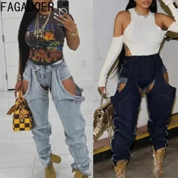 FAGADOER Hollow Out Sexy Denim Pants Women Irregular High Waist Cargo Patchwork Elasticity Jeans Hot Girl Y2k Streetwear Bottoms