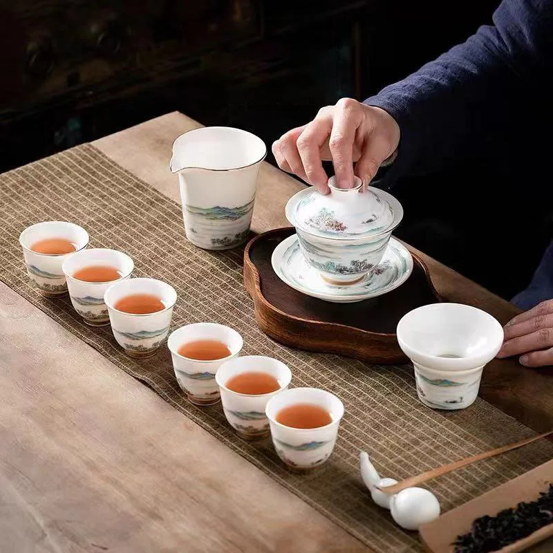 

Dehua White Porcelain Kung Fu Tea Set Simple Home Living Room Visitor Ceramic Cover Teacup Teapot Sets