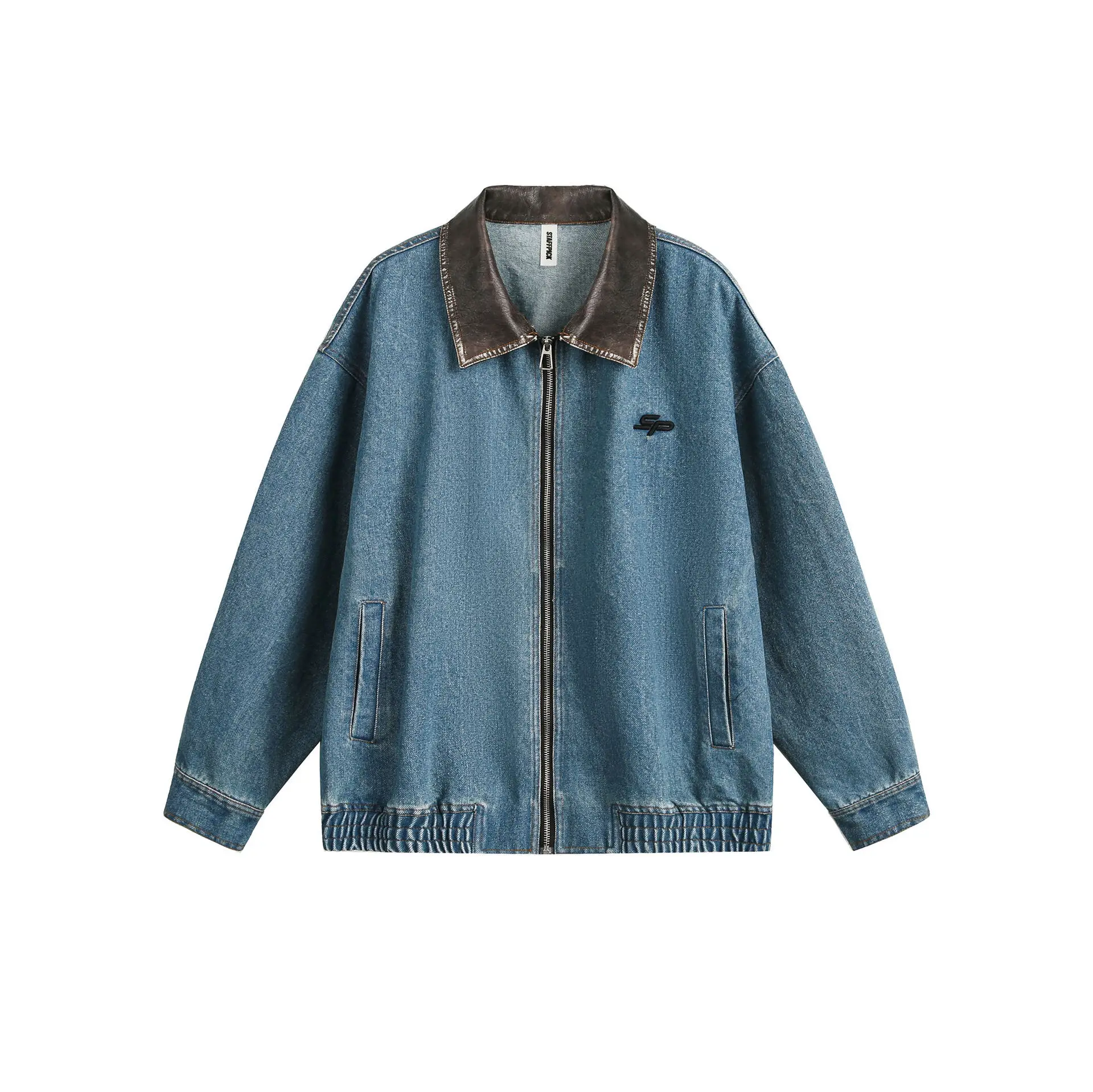 

2026 New Arrival Men's Amekaji American Vintage Blue Washed Denim PU Leather Paneled Detroit Notched Lapel Office Casual Coat