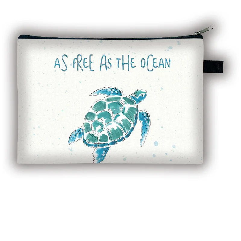 Ocean Sea Creature Makeup Bag Watercolor Whale Turtle Jellyfish Starfish Print Canvas Zipper Cosmetic Pouch Travel Bag