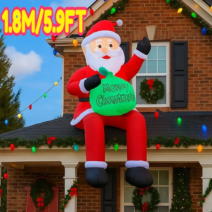 1.8M/5.9FT Inflatable Santa Claus on Roof Holding Gift Bag  Lights LED Home Decorations Toys Yard Xmas Supplies Holiday Decor