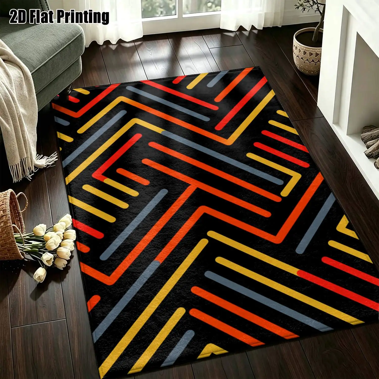 1Pc 2D Printed Black Base Geometric Line Carpet, Minimalist Instagram Style, Machine Washable, Multi-Size for Home Decor, Multi-Scene Mats