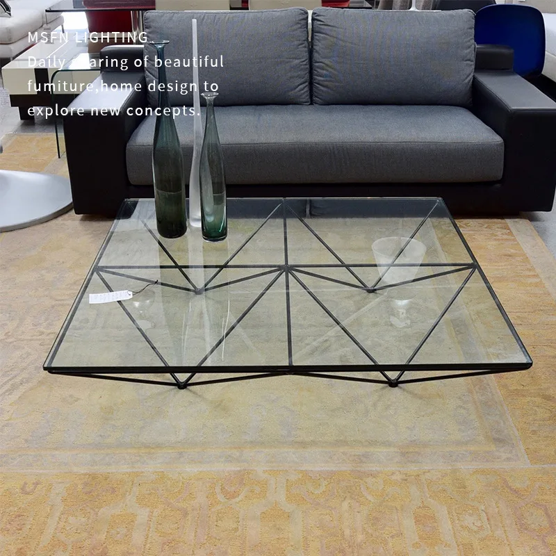 Modern Simple Wrought Iron Paint Transparent Tempered Glass Geometric Coffee Table
