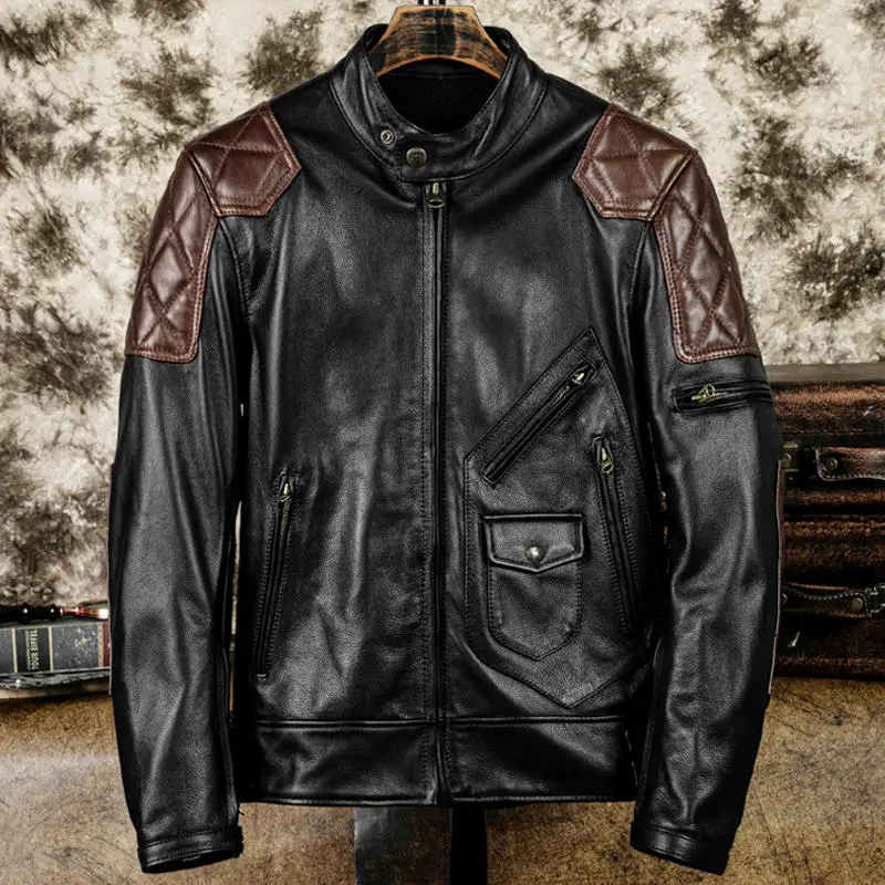 Black Autumn Leather Jacket Men Motorcycle Style Plus Size 5XL Genuine Natural Cowhide Can Add Protection Device Leather Coat