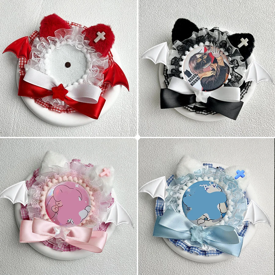 Chic Retro Devil Bat Wings Round Lace Badge Holder, Plush Cat Ears Handmade DIY Anime Cartoon Game Character Peripheral Badge, Celebrity Idol Support Badge, Badge Display Stand, Storage Decoration, Badge Holder, Back-To-School Season, Graduation Season, Homecoming Season, Halloween, Easter, Holiday Gifts, Lolita Creative Small Items, Gumi Goods, Itabag, Itaboard, Material Accessories, Badge Clip