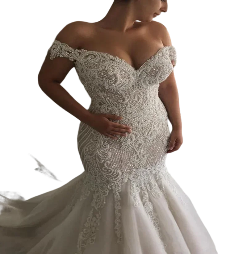 Personalizado querida completo pérolas corpete sereia vestidos de casamento vestidos de novia apliques vestidos de noiva com botões de volta